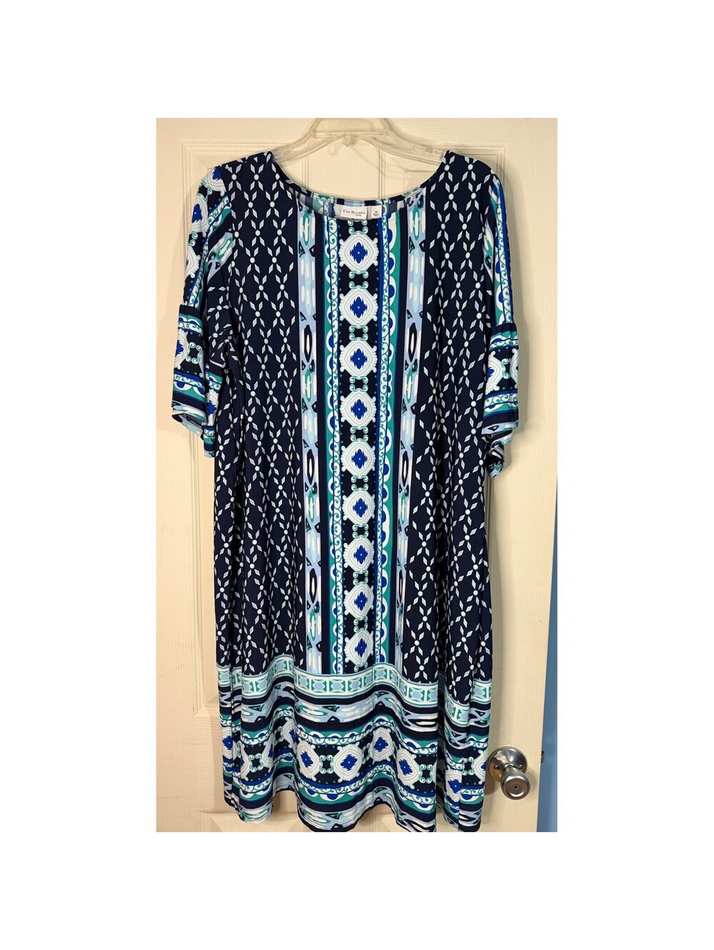 Kim Rogers Curvy Blue Medallion Shift Dress 1X Bell Sleeve Church Casual
